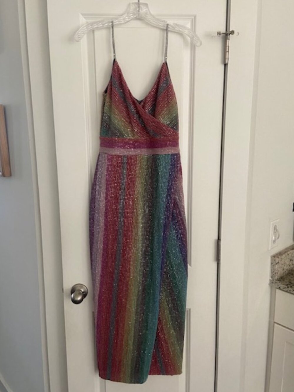 SAYLOR Meghan Dress Pastel Rainbow Shimmer Wrap Gown in Size S